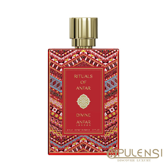 Divine Rituals of Anfar Perfume bottle with decorative label on a white background