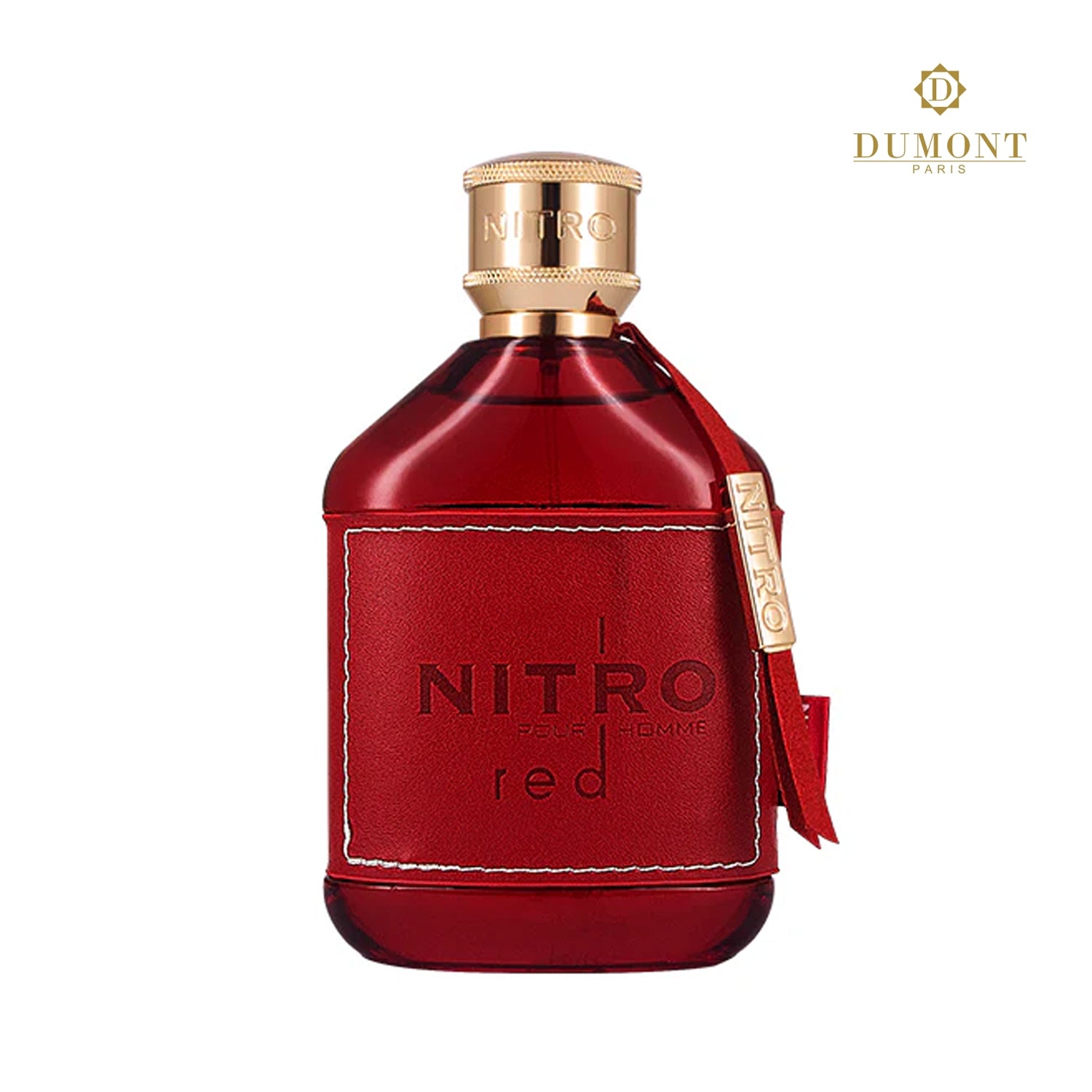 Nitro Red perfume bottle with gold cap and 'Dumont' branding on a white background