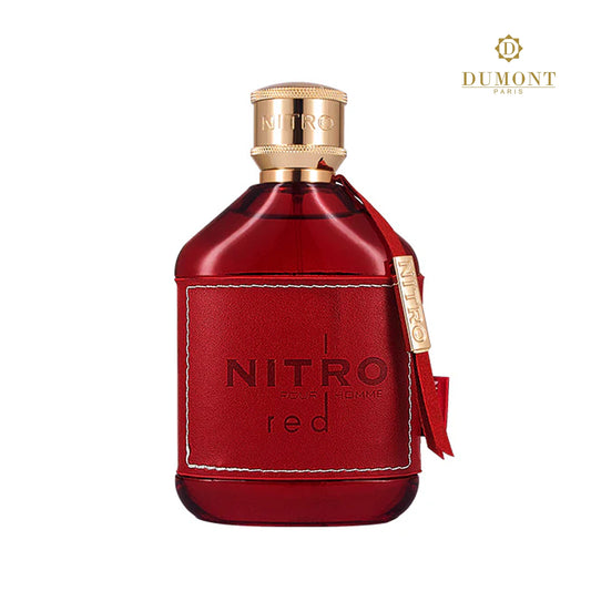 Nitro Red perfume bottle with gold cap and 'Dumont' branding on a white background