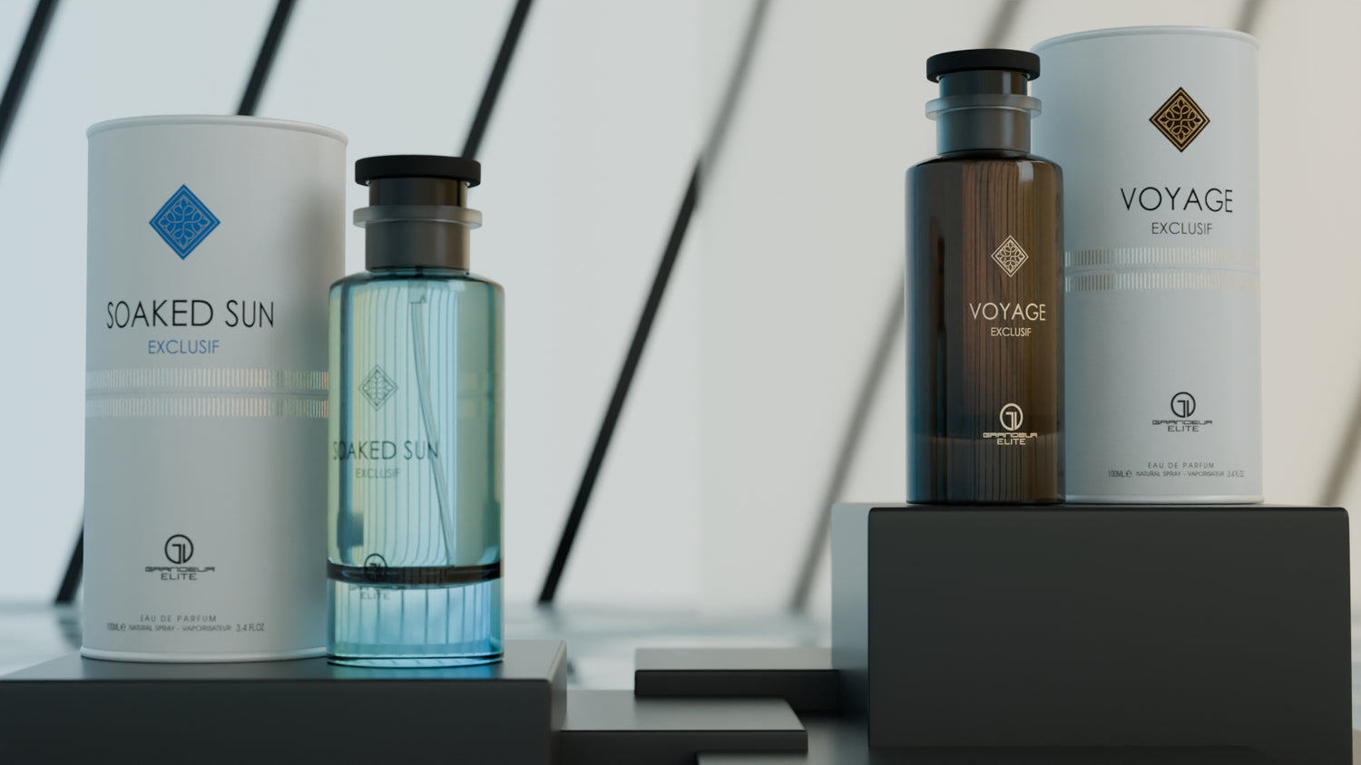 Grandeur Elite popular products the Soaked Sun EDP and Voyage EDP recommendation and banner