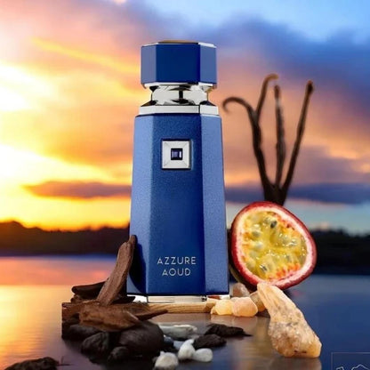 French Avenue Azzure Aoud Eau de Parfum 100ml bottle by sunset with passion fruit