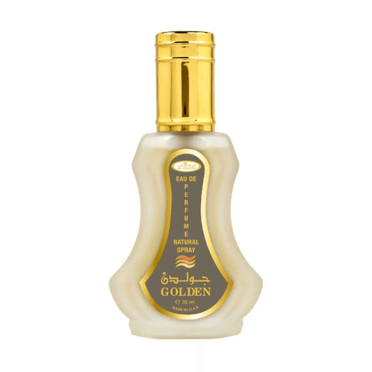 Golden Al rehab 35ml Perfume bottle with gold cap and label on a white background