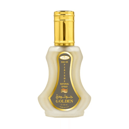 Golden Al rehab 35ml Perfume bottle with gold cap and label on a white background