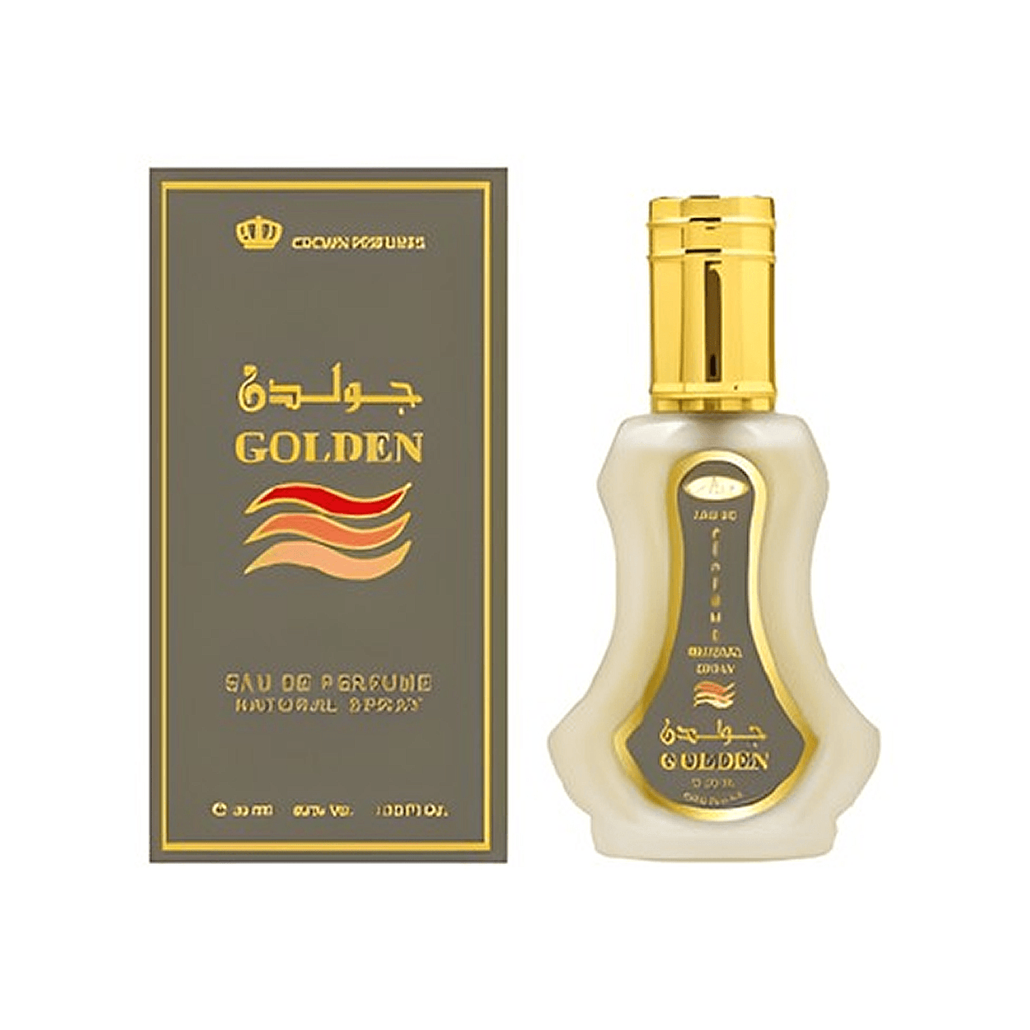 Perfume bottle and packaging of 'Golden' perfume by Al Rehab Crown Perfumes on a white background