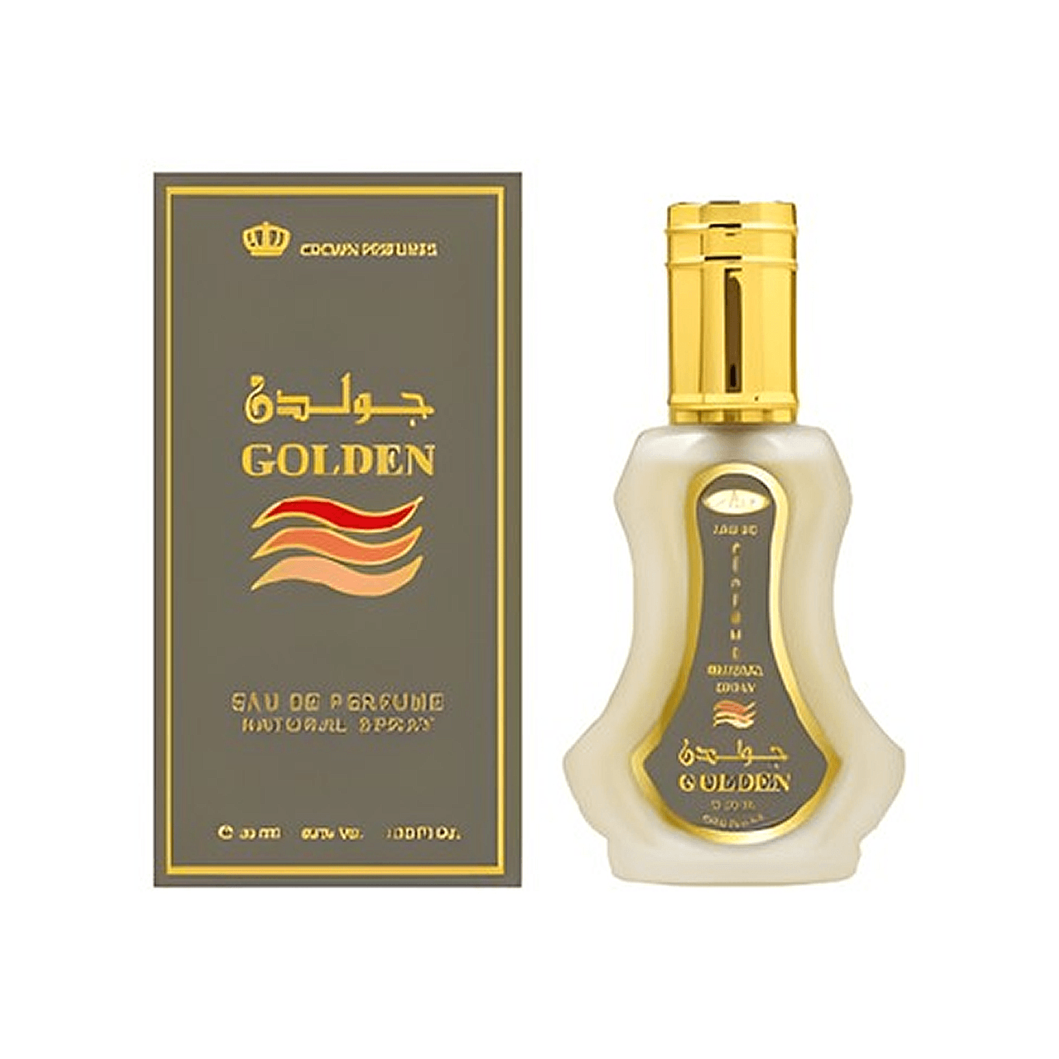 Perfume bottle and packaging of 'Golden' perfume by Al Rehab Crown Perfumes on a white background