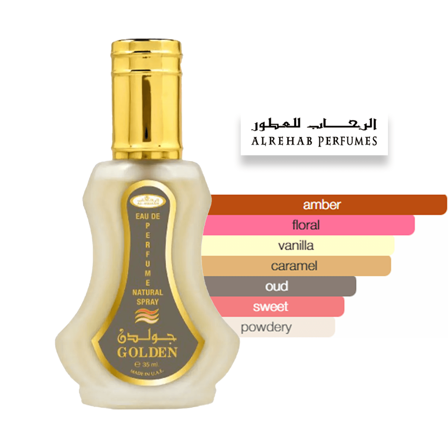 Golden Al Rehab fragance scent nots profile, Perfume bottle with gold cap and label, featuring ALREHAB PERFUMES branding.