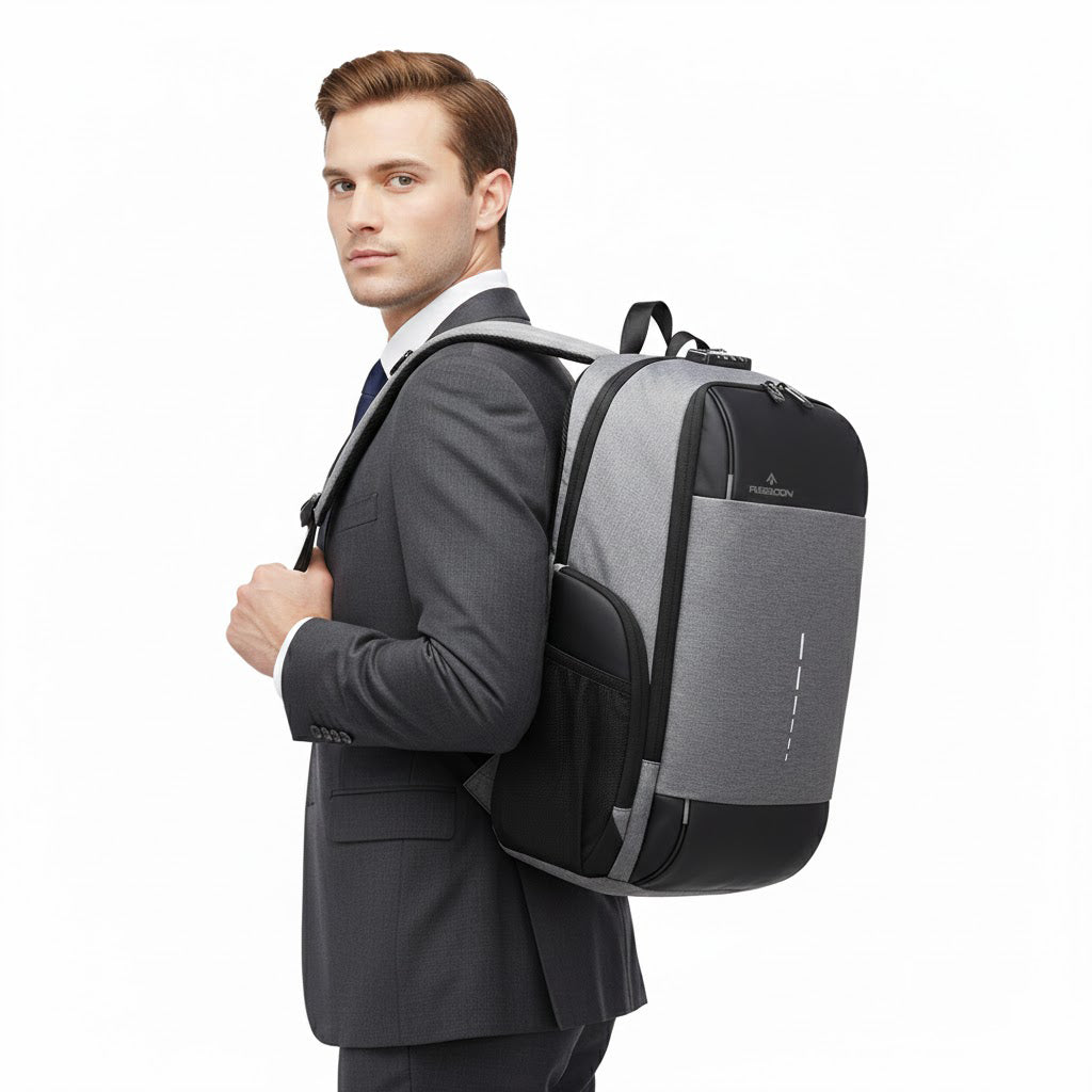 Man in a suit with a gray and black best travel laptop backpack multi-functional on a white background