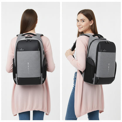 Woman wearing a gray and black best travel laptop backpack multi-functional from different angles on a white background