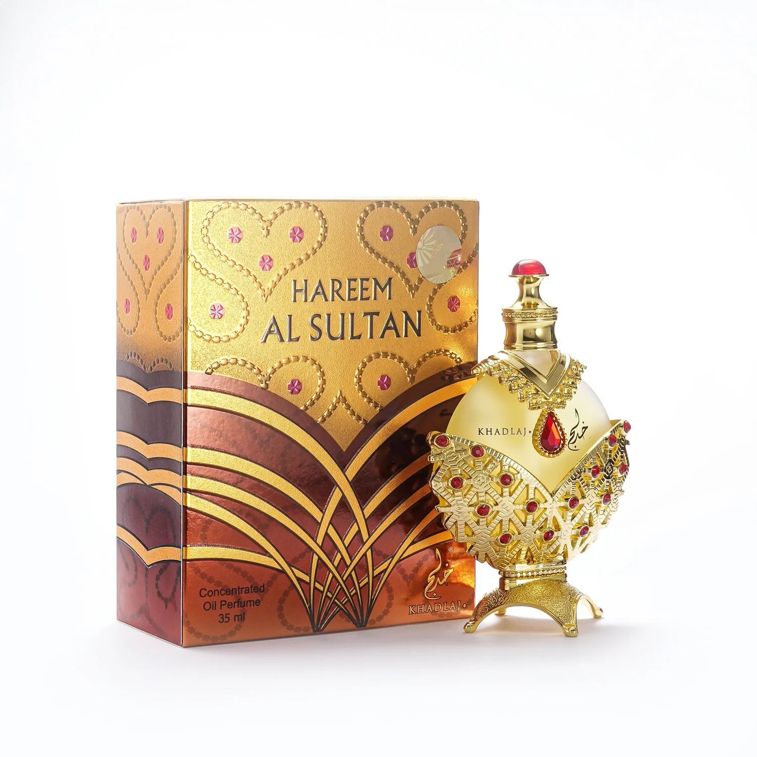 Khadlah Hareem Al Sultan perfume bottle and packaging on a white background