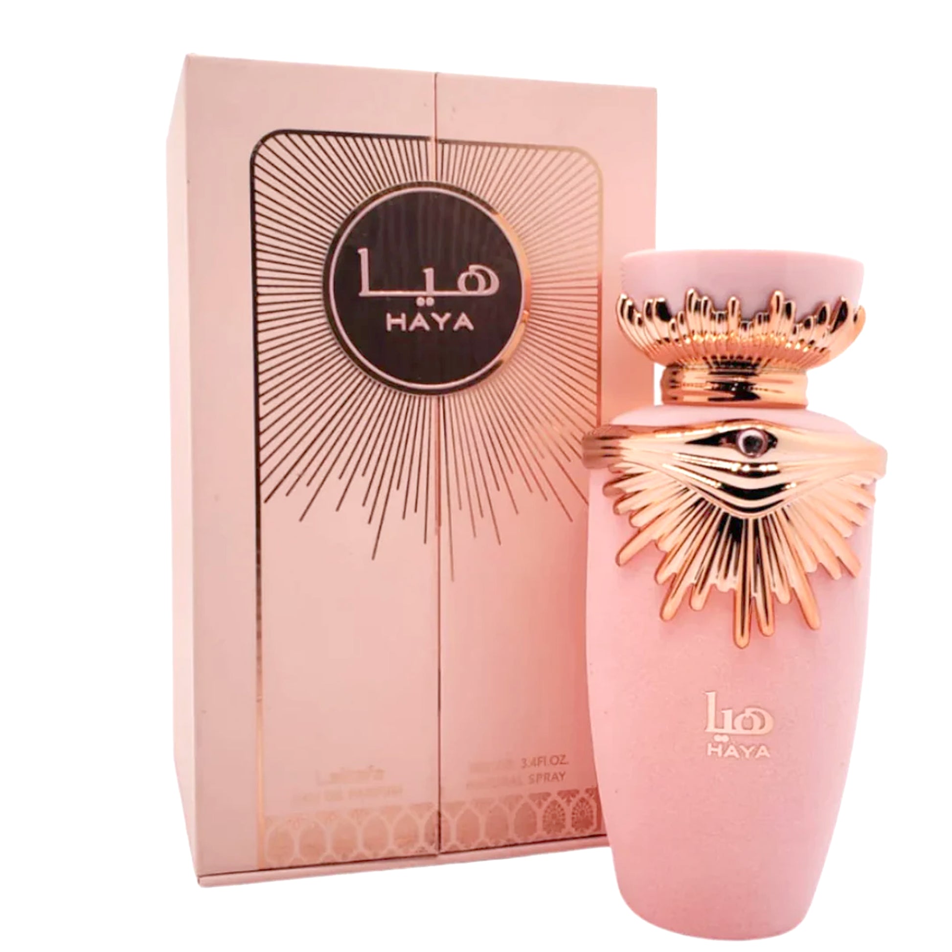 Haya Eau De Parfum 100ml By Lattafa Perfumes bottle and box