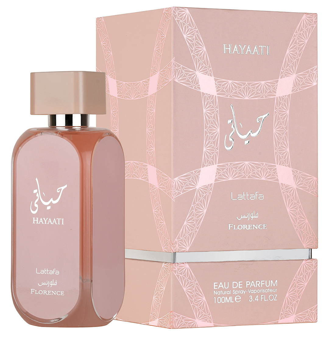 Hayaati Florence 100ml Eau De Parfume by Lattafa bottle and box