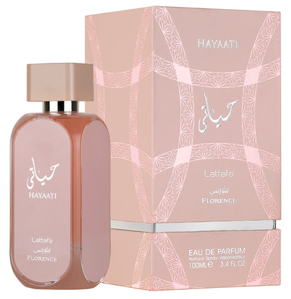 Hayaati Florence 100ml Eau De Parfume by Lattafa bottle and box