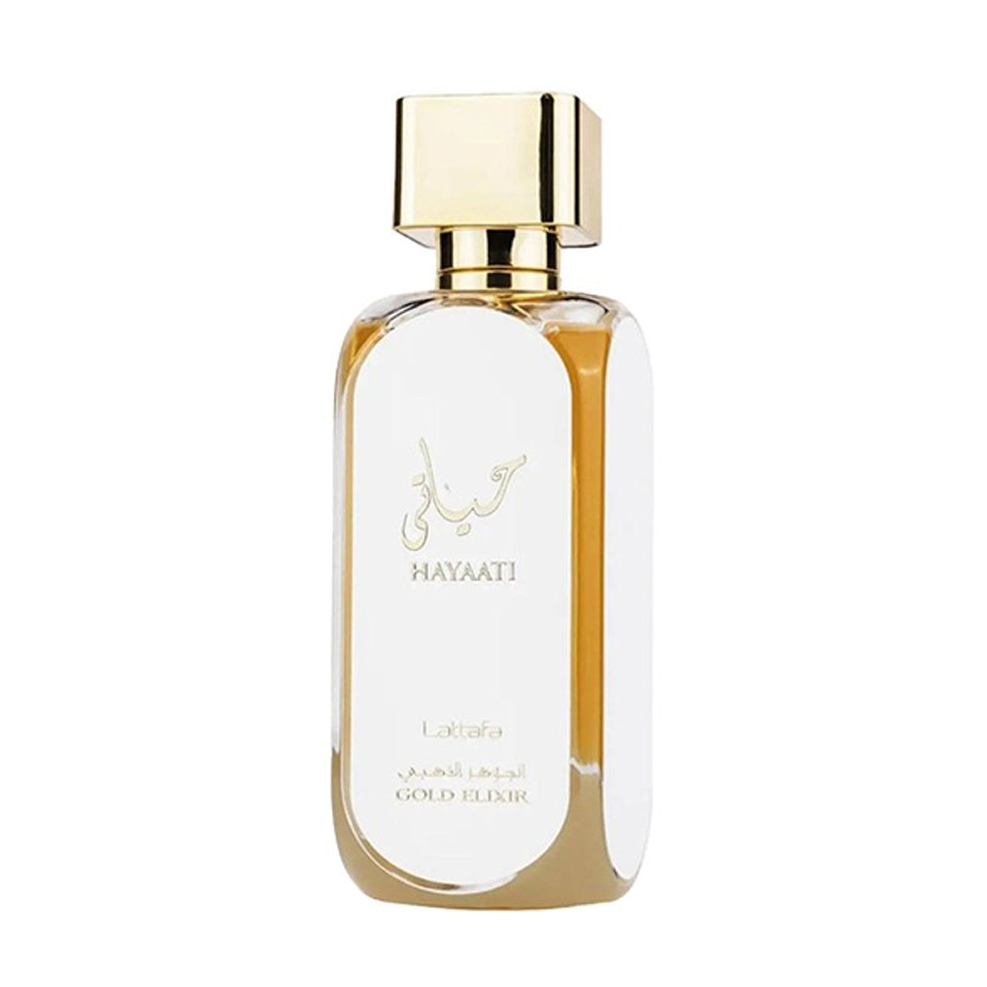 Lattafa Hayaati Gold Elixir Perfume 100ml EDP bottle angled view