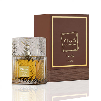 Khamrah Qahwa 100ml EDP by Lattafa box and bottle