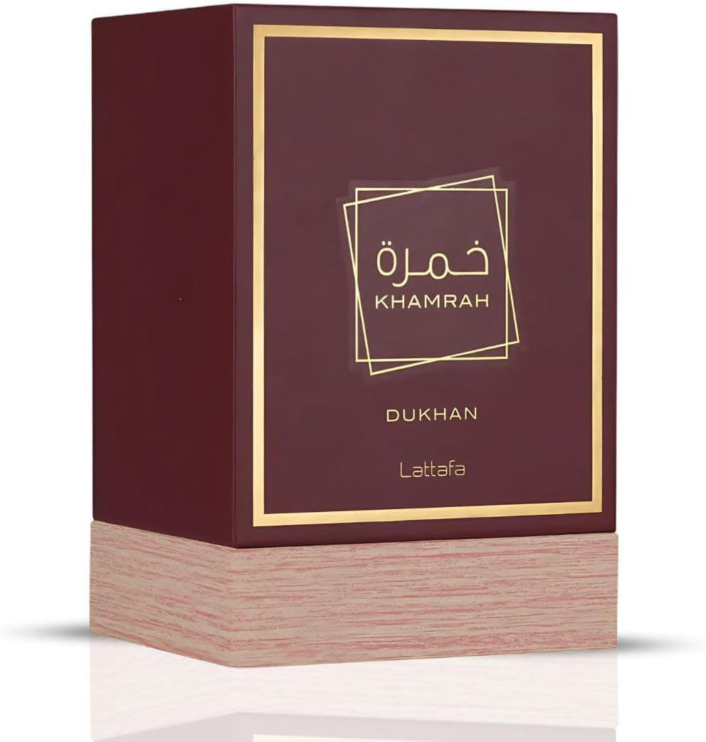 Maroon and gold box with 'Khamrah Dukhan' branding on a white background