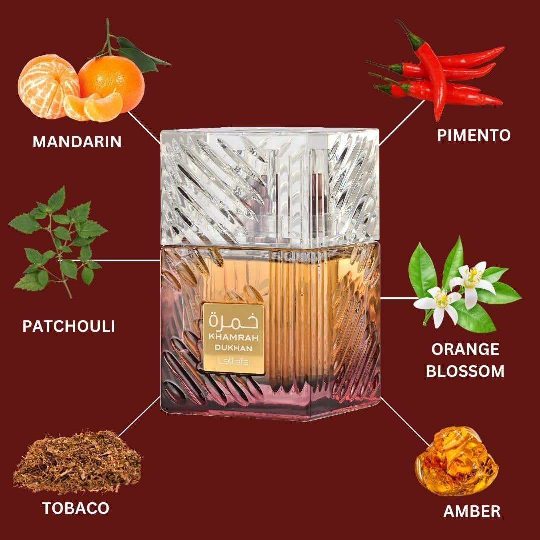 Khamrah Dukhan Perfume bottle with fragrance notes botanical elements and labels on a red background