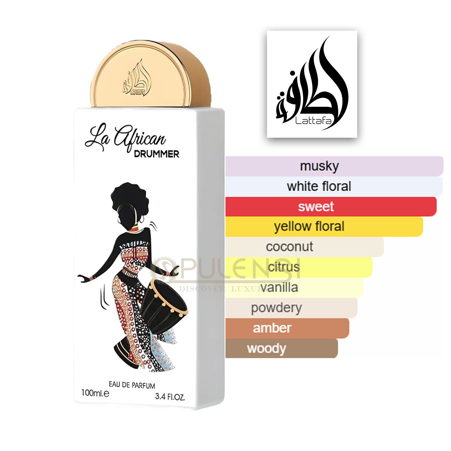 Perfume bottle labeled 'La African Drummer' with flavor profile on a white background