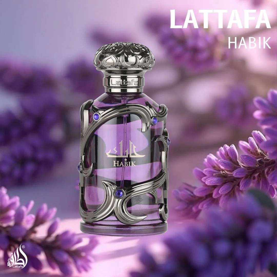 Lattafa Habik for Men Eau de Parfum 100ml bottle with purple flowers