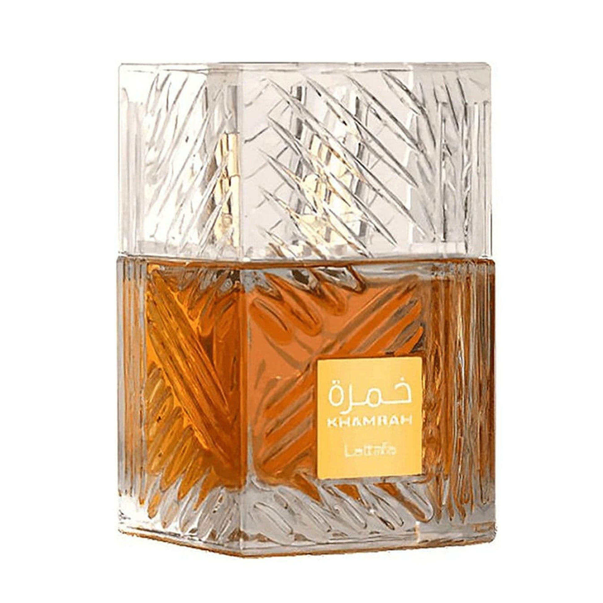 A square-shaped glass bottle of Khamrah EDP by Lattafa with a clear cap and a yellow label.