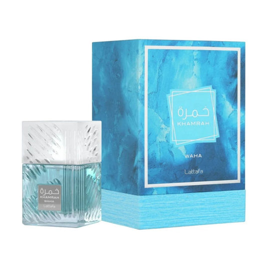 Lattafa Khamrah Waha Unisex Eau De Parfum 100ml bottle and box front view