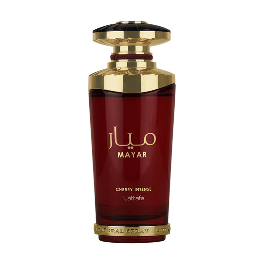 Lattafa Mayar Cherry Intense Red perfume bottle with gold cap and base, featuring the brand 'Mayar' on a white background.