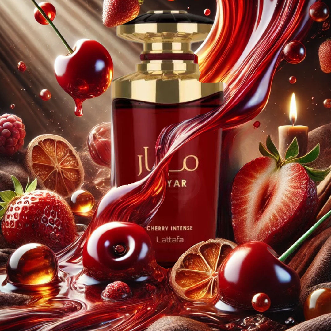 Lattafa Mayar Cherry Intense Perfume bottle with cherry and strawberry elements on a dark background