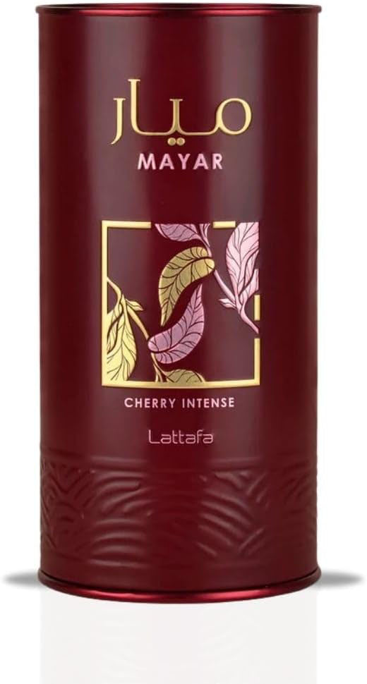 Lattafa Mayar Cherry Intense Red cylindrical container with gold text and design, featuring the brand 'MAYAR' and 'Lattafa'.