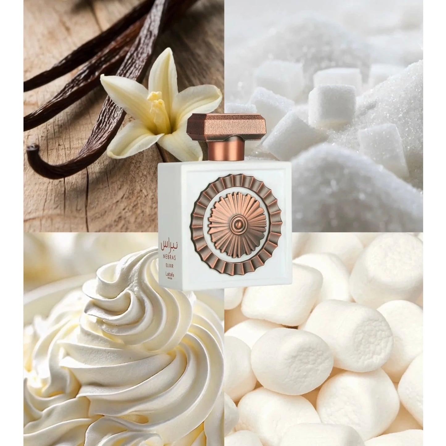 Lattafa Nebras Elixir 100ml EDP bottle with whipped cream