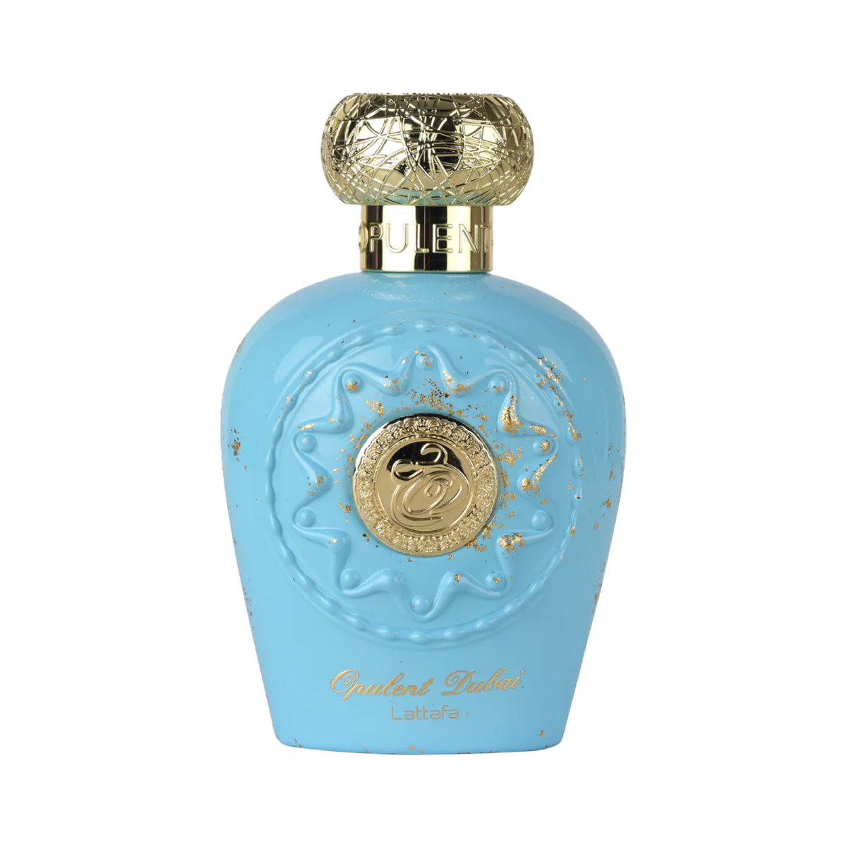 Lattafa Opulent Dubai Blue perfume bottle with gold accents and 'Opulent Lattafa' branding on a white background