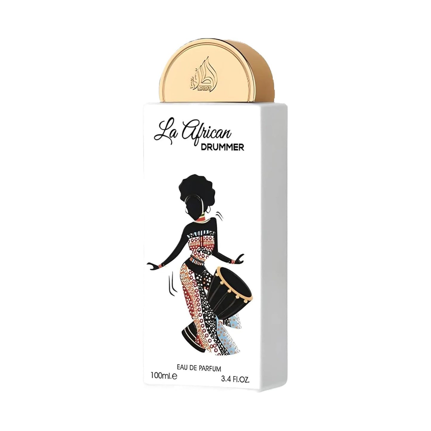 La African Drummer perfume bottle with a decorative label featuring an illustration of a woman playing a drum.
