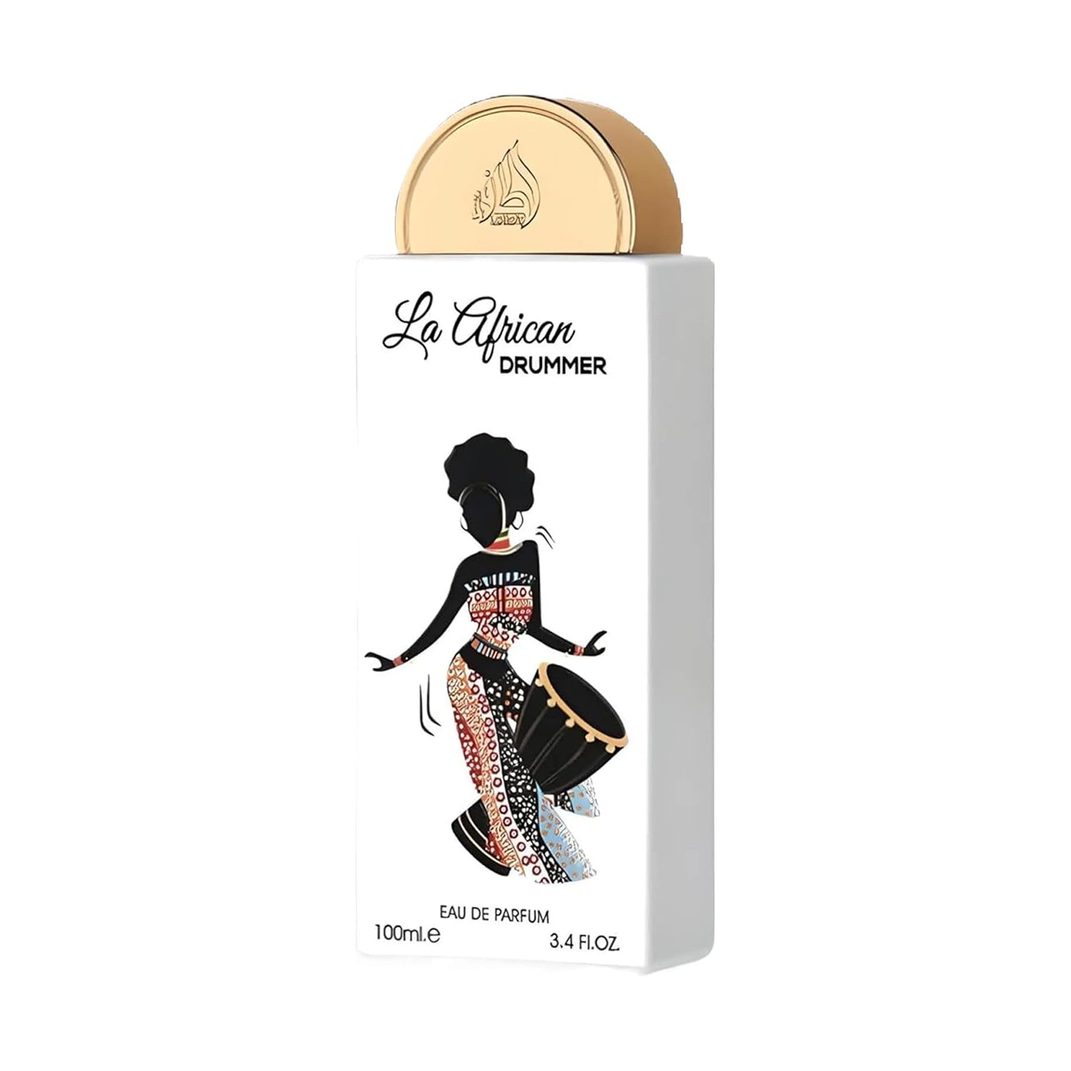 La African Drummer perfume bottle with a decorative label featuring an illustration of a woman playing a drum.