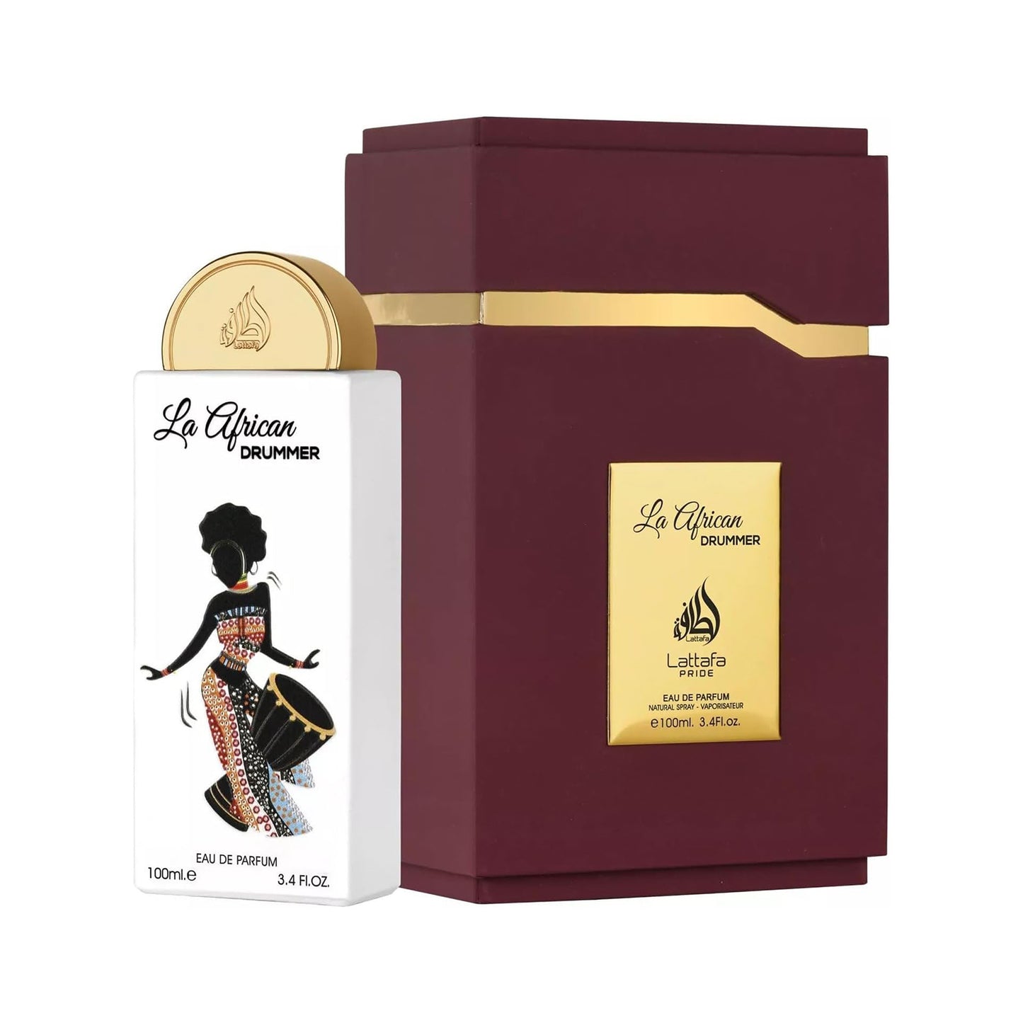 Lattafa Pride La African Drummer perfume packaging with a maroon box and white bottle.