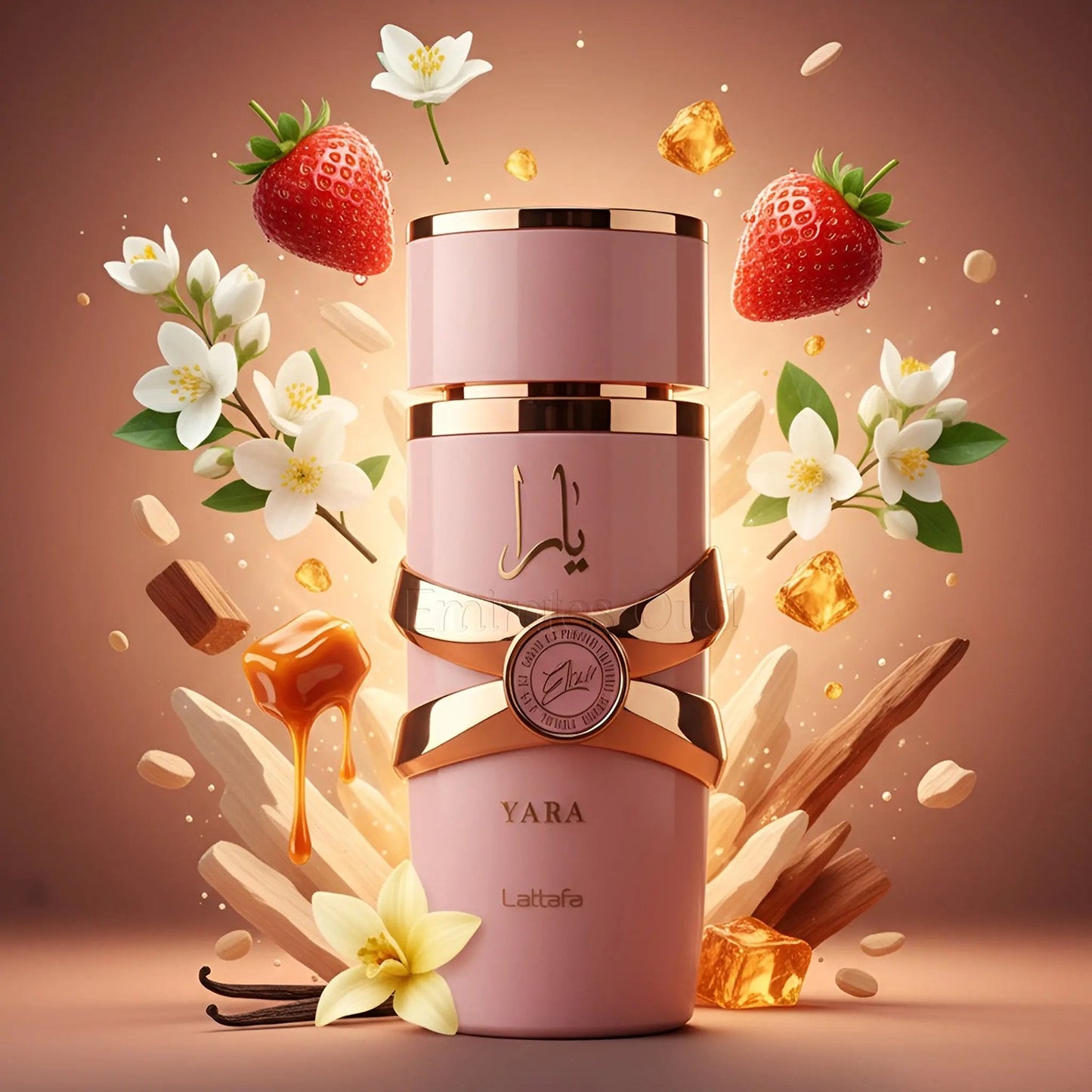 Lattafa Yara Elixir 100ml EDP For Women bottle with strawberries and flowers