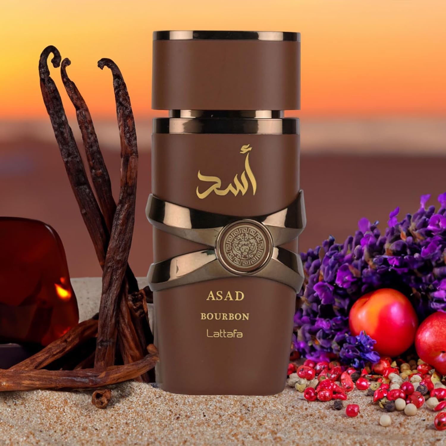 Brown perfume bottle labeled 'Asad Bourbon Lattafa' with vanilla beans, lavender, and apples on a warm-toned background.