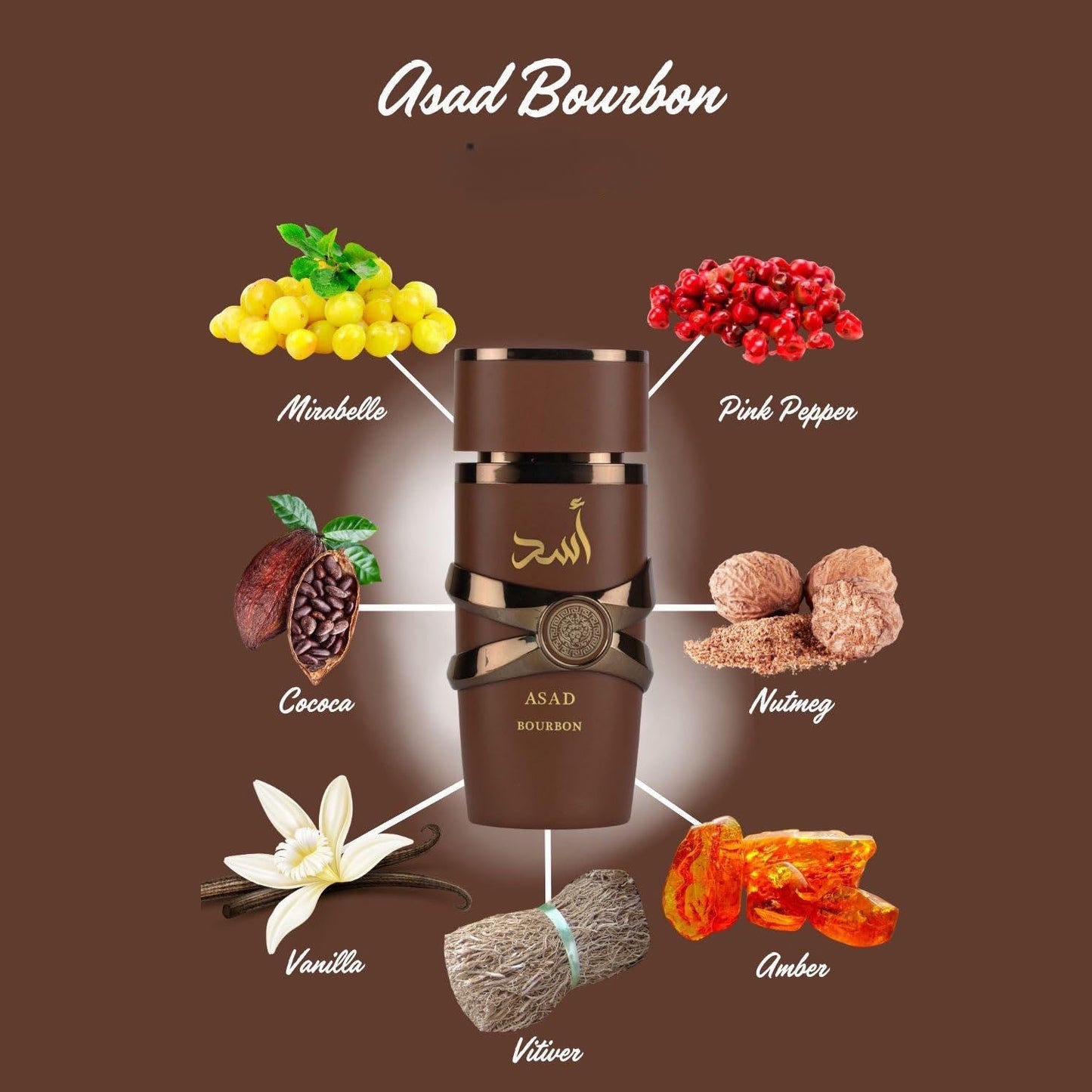 Asad Bourbon bottle with flavor elements on a brown background