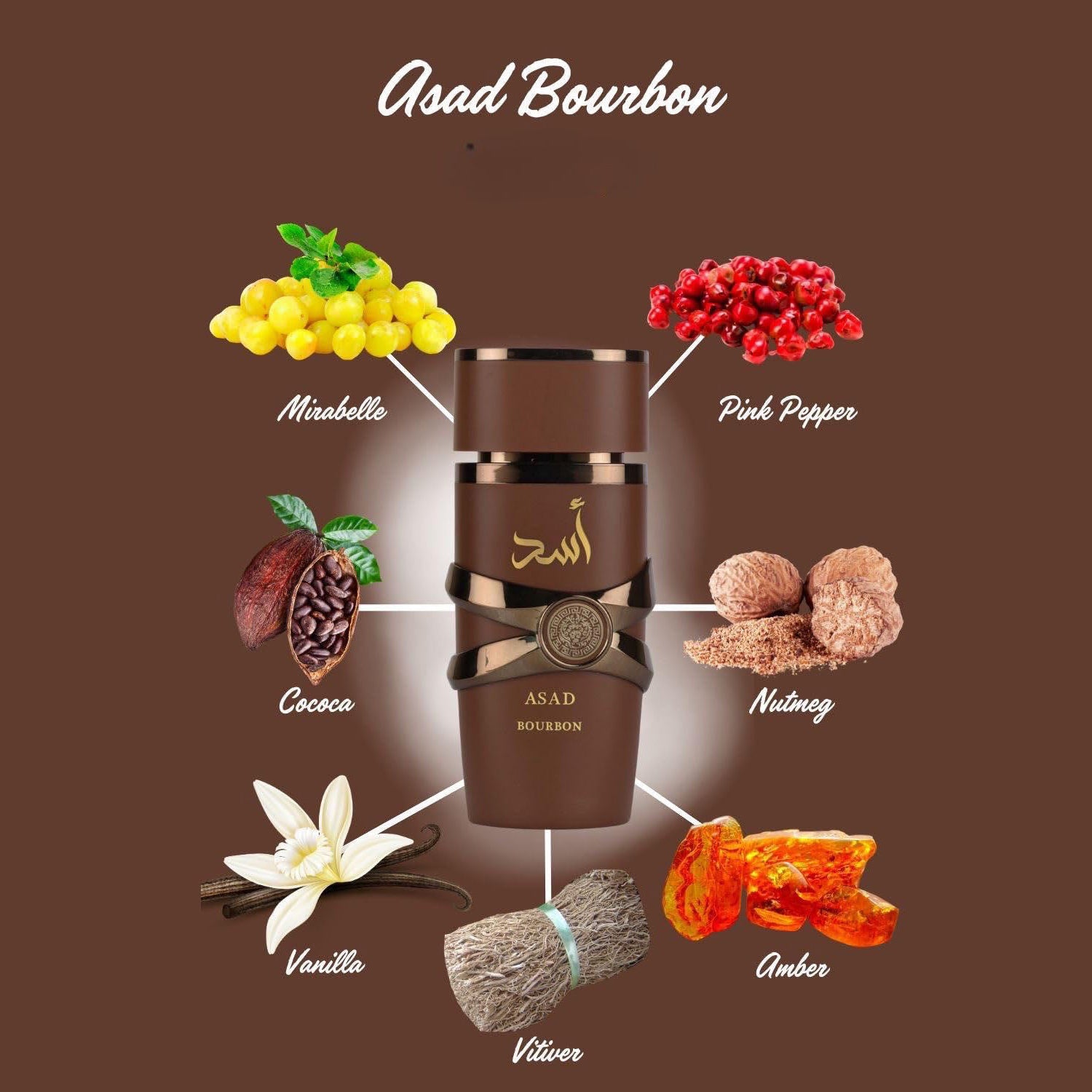 Asad Bourbon bottle with flavor elements on a brown background