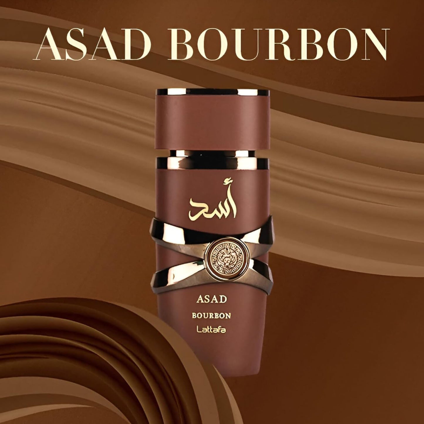 Brown bottle with gold accents on a brown background, featuring the brand 'Asad Bourbon'.