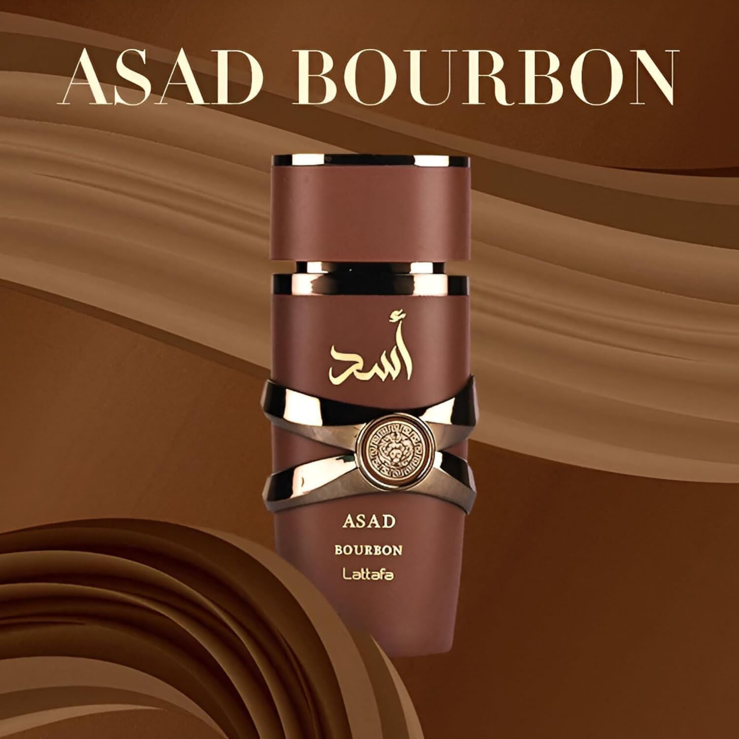 Brown bottle with gold accents on a brown background, featuring the brand 'Asad Bourbon'.