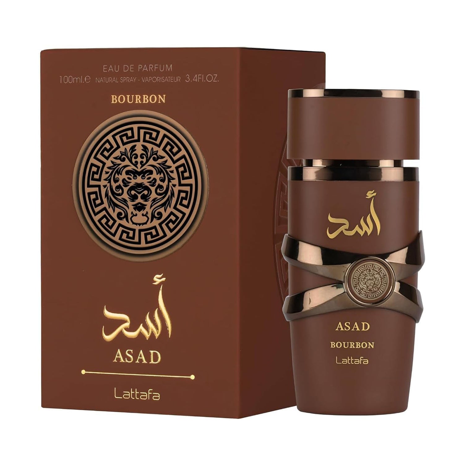 Brown perfume bottle and packaging with 'ASAD' branding on a white background