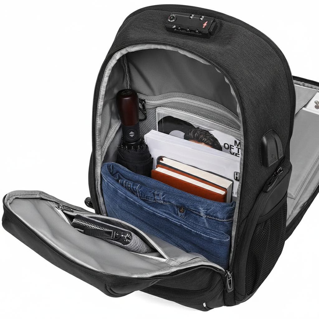 best Black multifunctional laptop backpack with compartments containing items on a white background