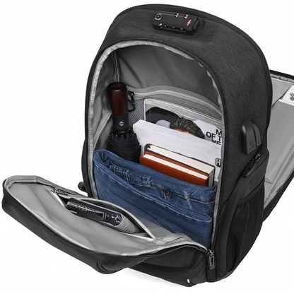 best Black multifunctional laptop backpack with compartments containing items on a white background