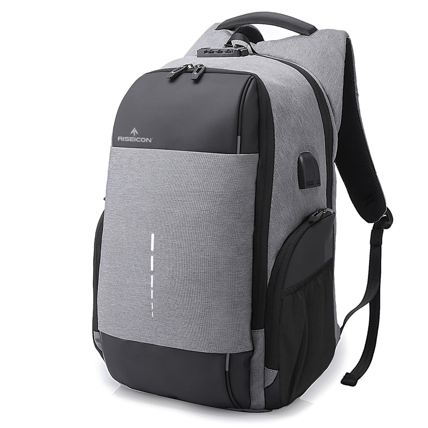 Gray and black best travel laptop backpack multi-functional with a visible brand logo on a white backpack