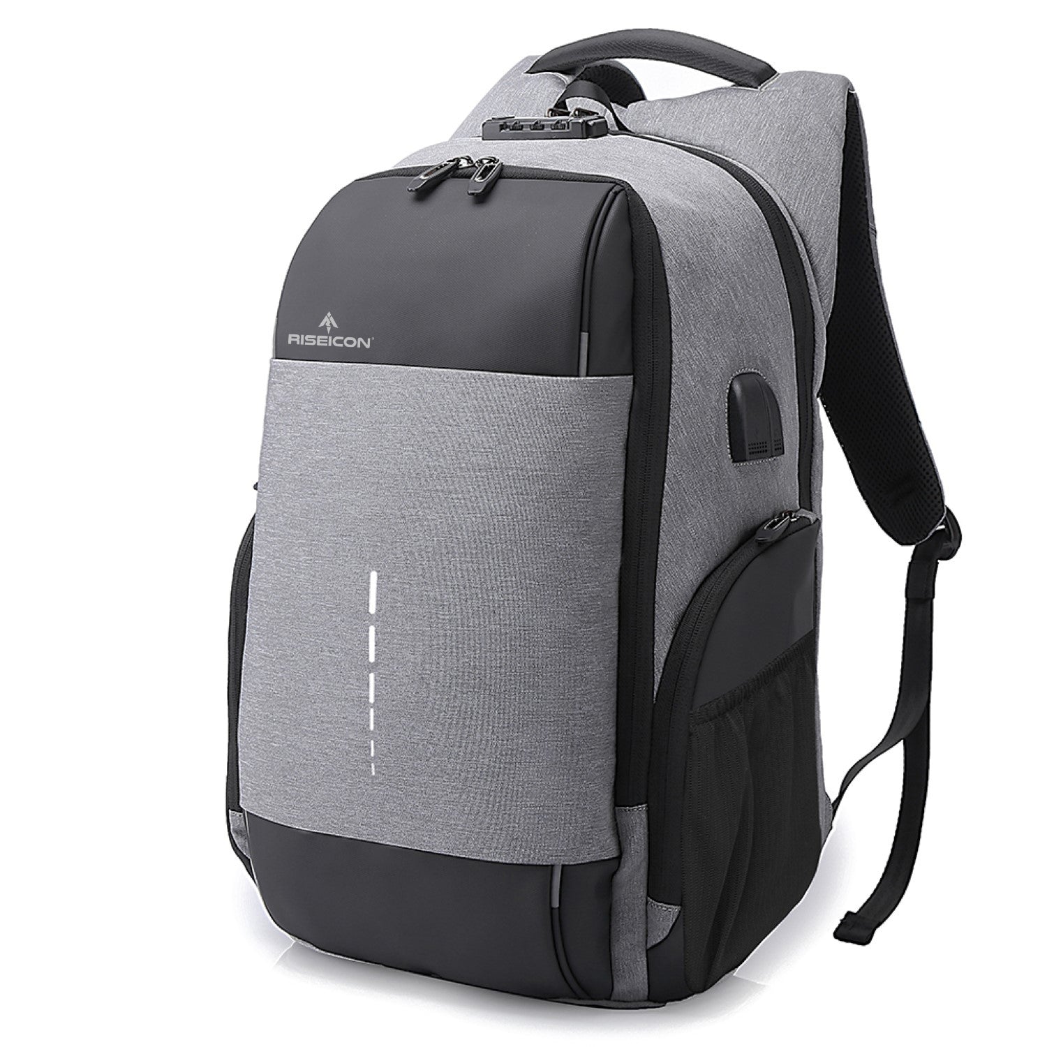 Gray and black best travel laptop backpack multi-functional with a visible brand logo on a white backpack