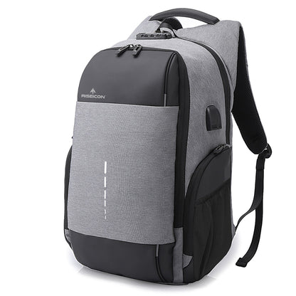 Gray and black best travel laptop backpack multi-functional with a visible brand logo on a white backpack