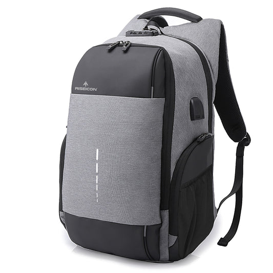 Gray and black best travel laptop backpack multi-functional with a visible brand logo on a white backpack