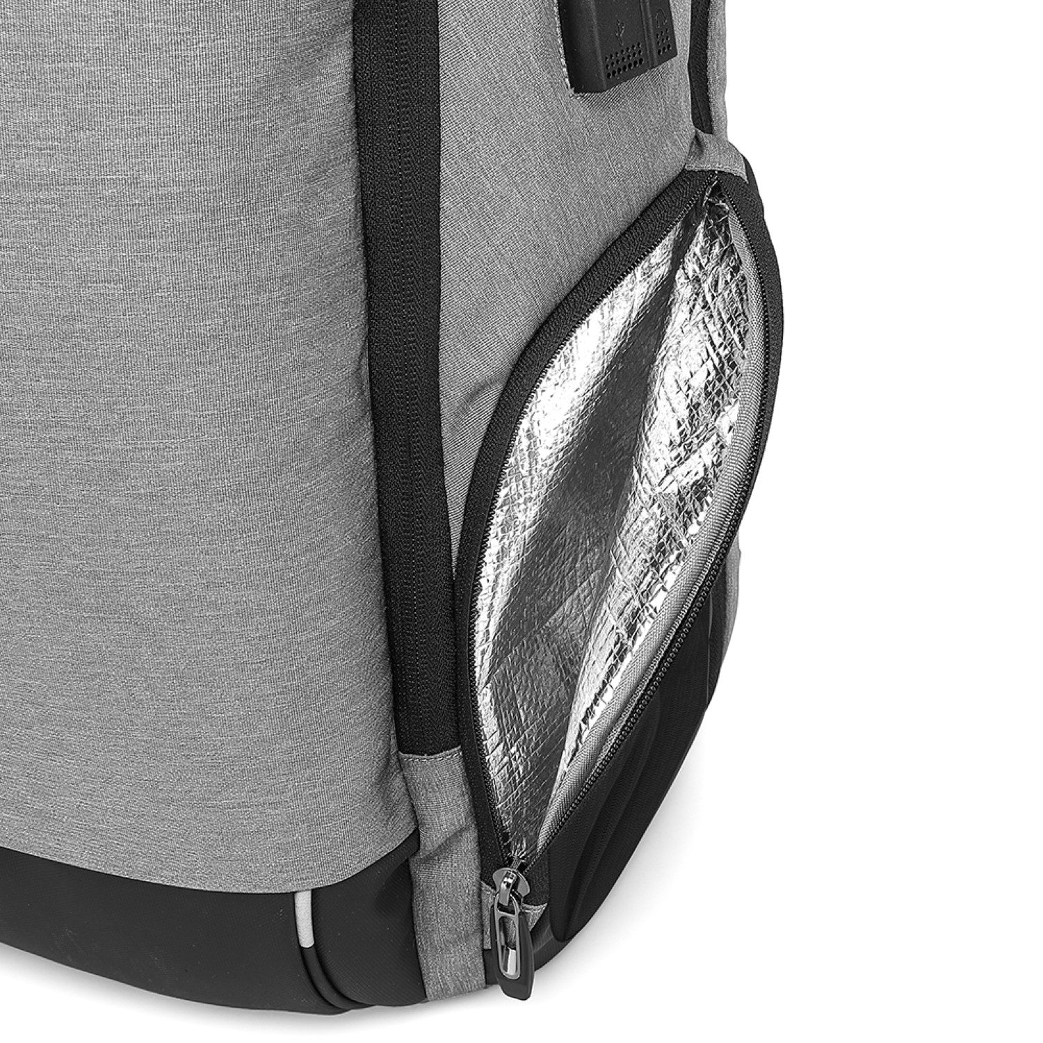 Gray backpack with a zipped compartment showing a reflective interior lining. best travel laptop backpack multi-functional