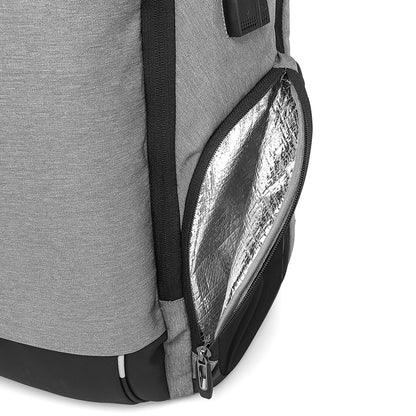 Gray backpack with a zipped compartment showing a reflective interior lining. best travel laptop backpack multi-functional