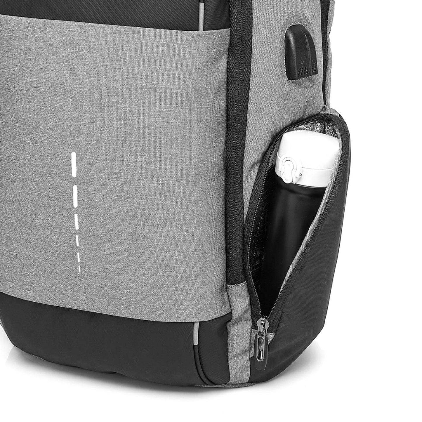 Gray backpack with a side pocket containing a white bottle on a white background best travel laptop backpack multi-functional