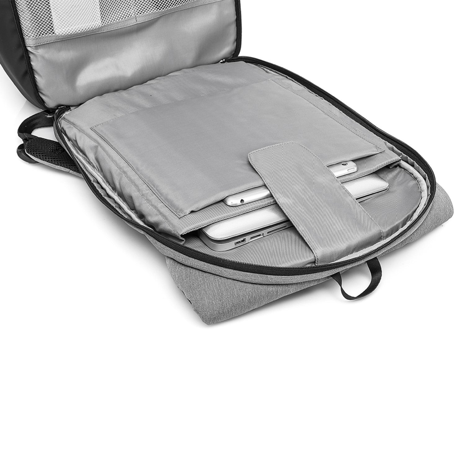 Gray backpack with compartments and a laptop sleeve on a white background