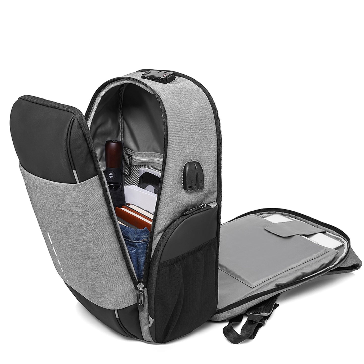 Gray and black best travel laptop backpack multi-functional with open compartments on a white background